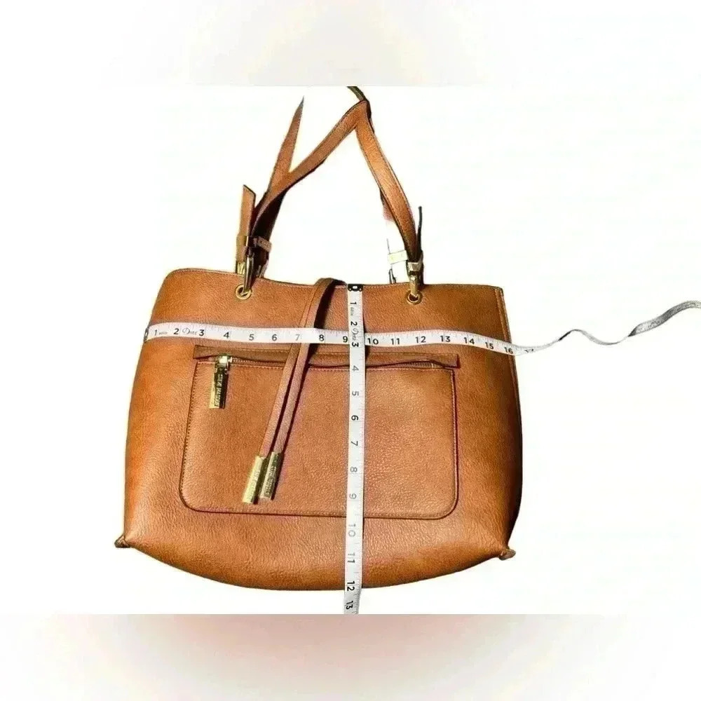 Steve Madden Brown Faux Leather Tote Bag Large Shoulder Purse Gold Hardware - Picture 12 of 15